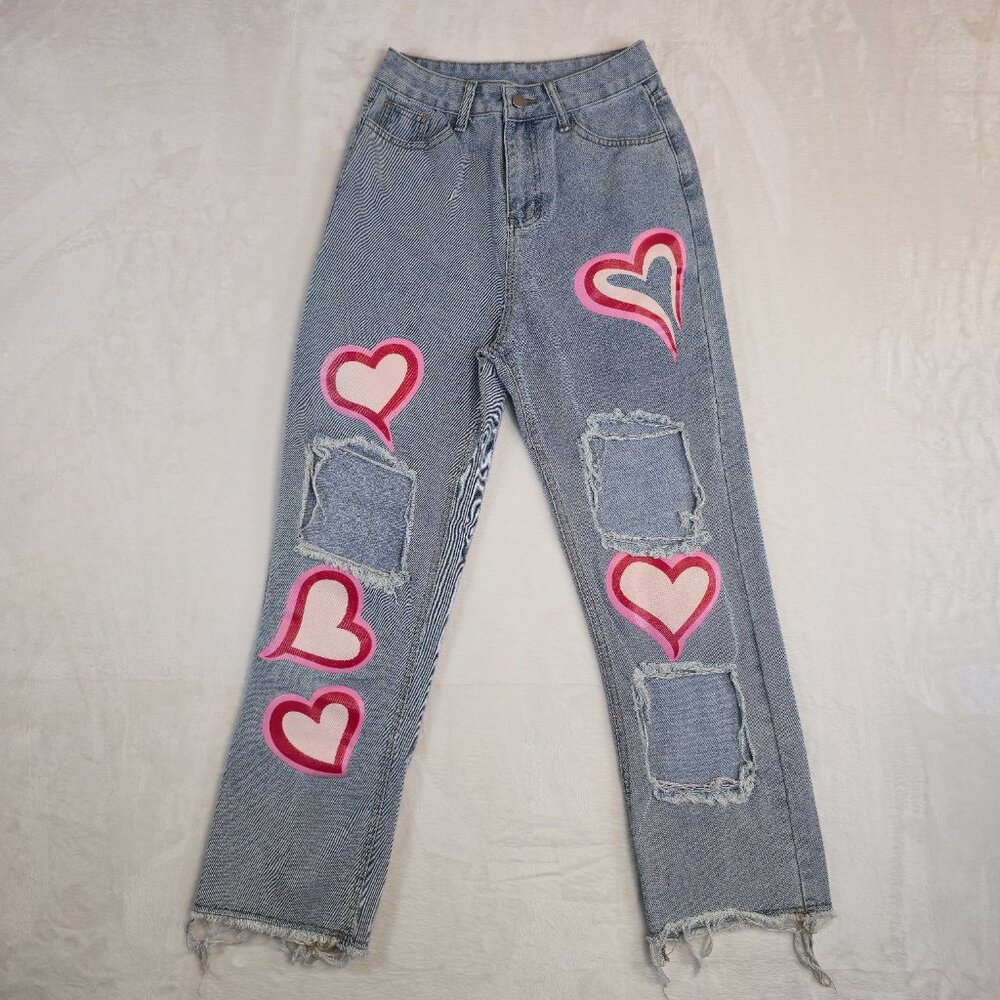Heart Print Jeans Women’s Size 25M Denim High Waist Wide Leg Asthetic Artsy